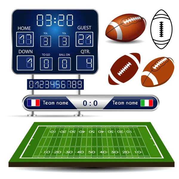Campo Futebol Americano Com Placar Bolas Conjunto Elementos Infográficos Rugby — Vetor de Stock