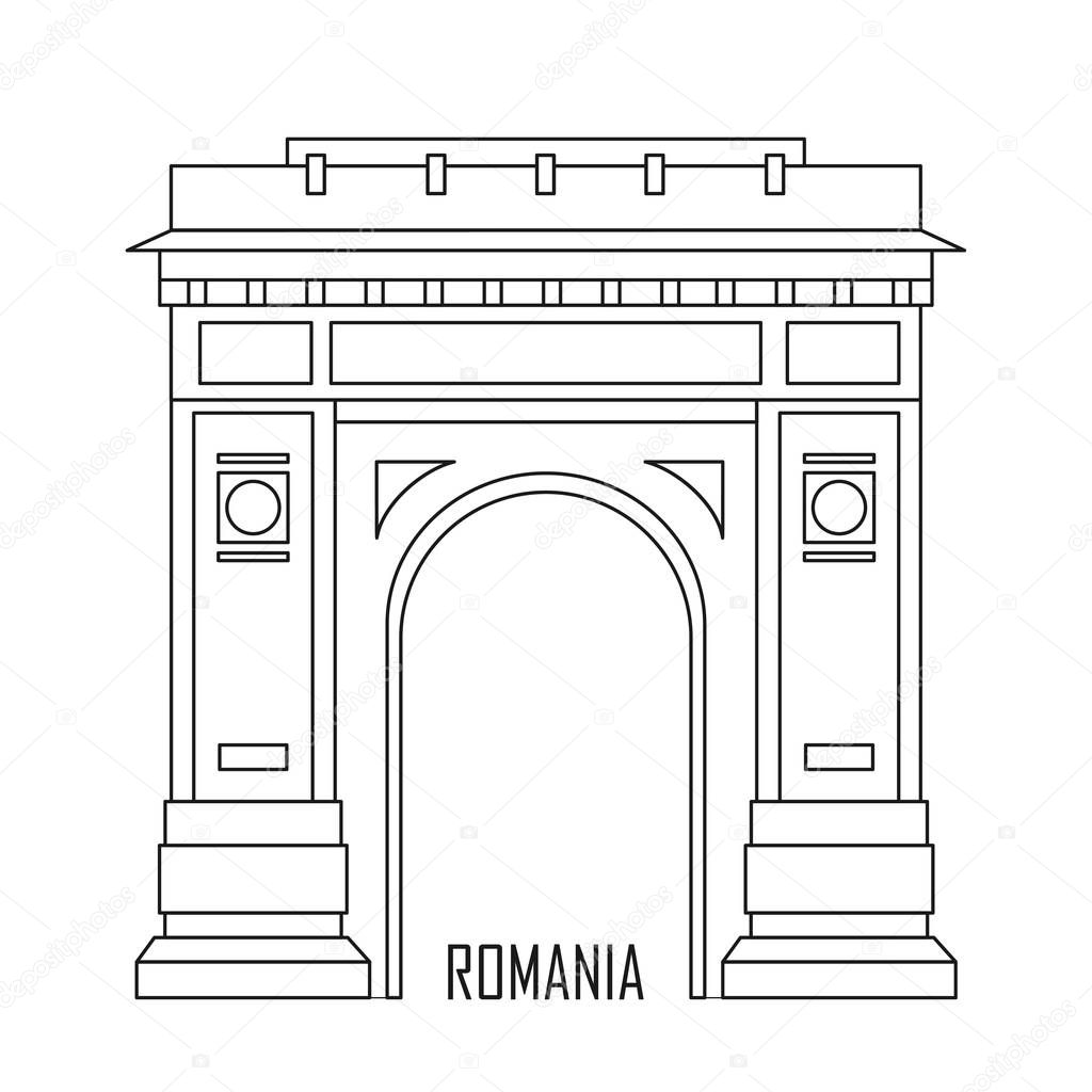 Triumphal arch in Bucharest, Romania. Historic architecture. Romania landmark. Travel sightseeing collection. Flat cartoon style. Vector illustration