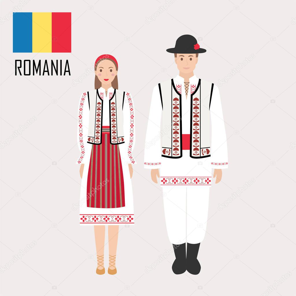 Romanian man and woman in traditional costumes. Romania symbol. Vector illustration