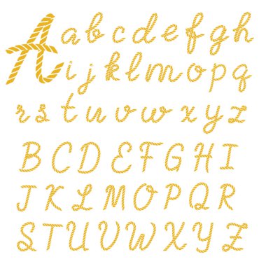 İp yazı tipi. Alfabe harfler kümesi deniz ipten yapılmış. Vektör çizim