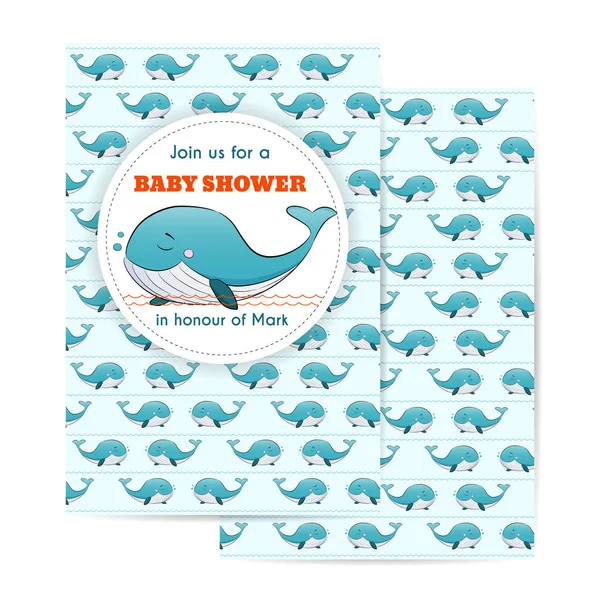 航海のベビー シャワー カード 海のテーマでは パーティの招待状を赤ちゃんクジラ ベクトル図 — ストックベクタ