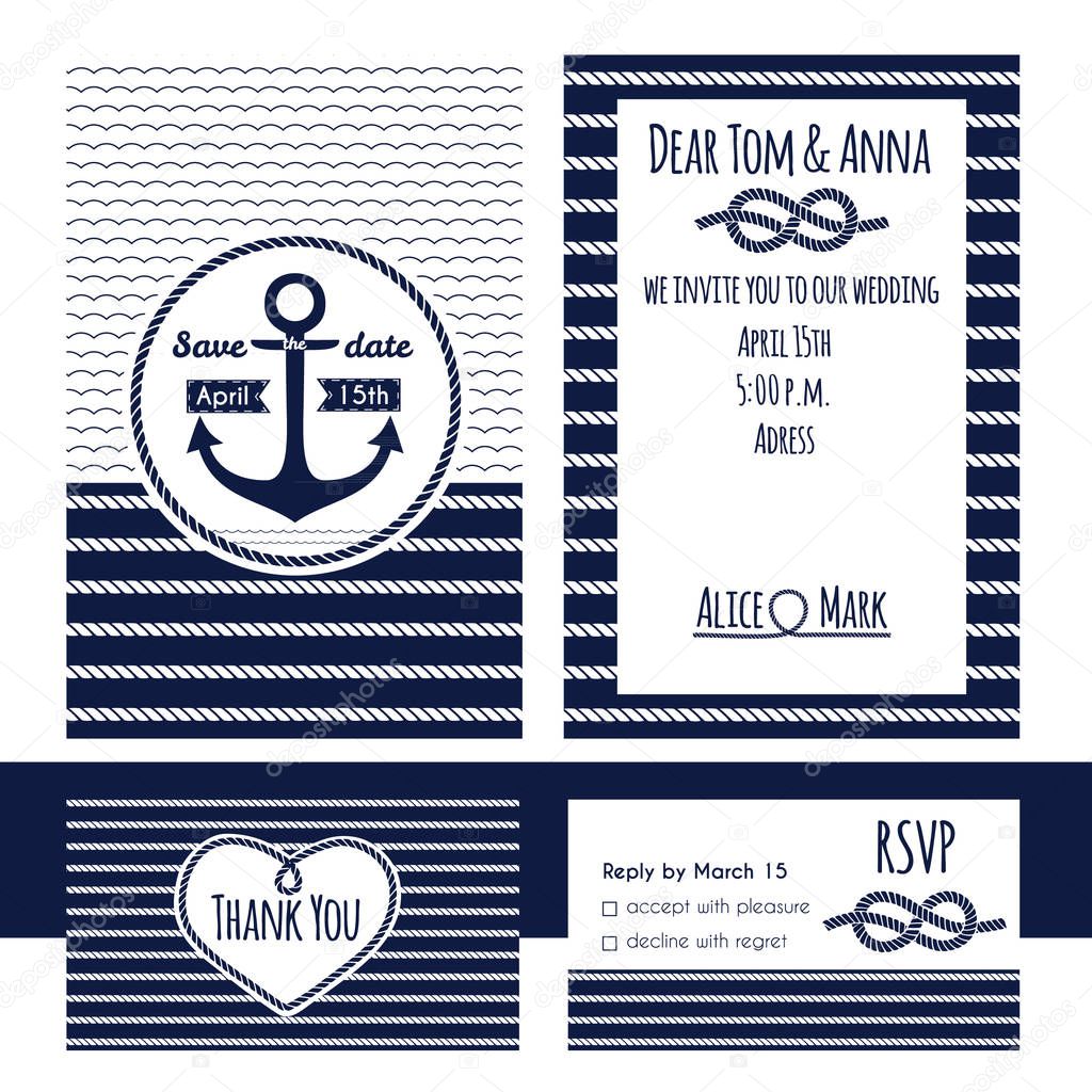 Nautical wedding invitation and RSVP card template. Anchor and rope elements. Vector illustration.