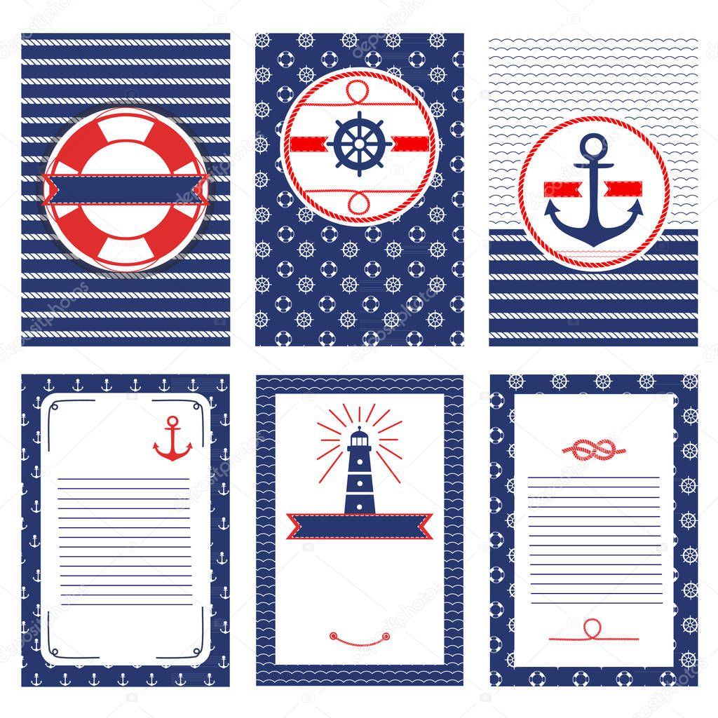 Set of nautical and marine banners and flyers. Templates with design elements in sea theme. Vector illustration