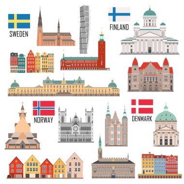 İskandinav Simgesel Yapı simgeleri düz stil kümesi: İsveç, Finlandiya, Norveç, Danimarka. Vektör çizim