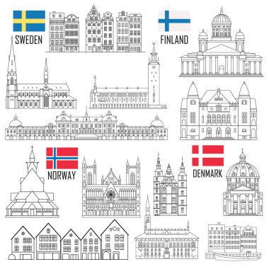 İskandinav Simgesel Yapı simgeler kümesi: İsveç, Finlandiya, Norveç, Danimarka. Vektör çizim