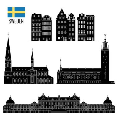 İsveçli düz stilde Simgesel Yapı simgeler kümesi. Gezi koleksiyonu seyahat. Vektör çizim. 