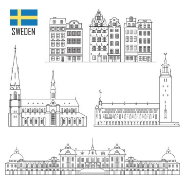 İsveçli düz stilde Simgesel Yapı simgeler kümesi. Gezi koleksiyonu seyahat. Vektör çizim. 