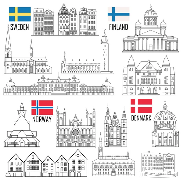 Conjunto Escandinavo Iconos Emblemáticos Suecia Finlandia Noruega Dinamarca Ilustración Vectorial — Archivo Imágenes Vectoriales