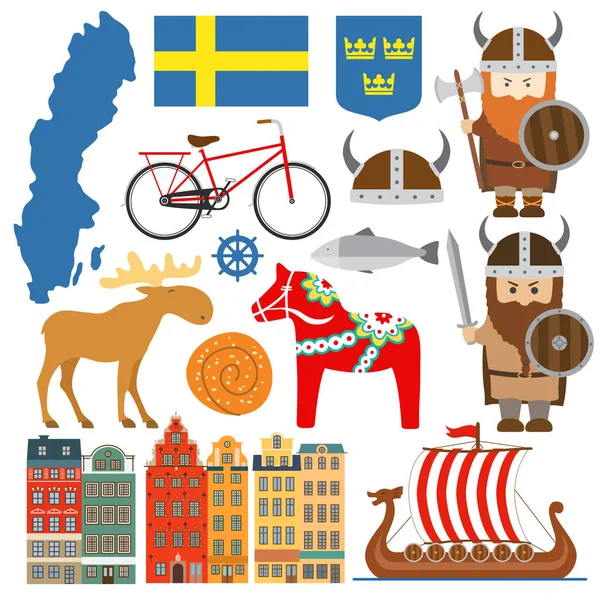 Set Med Designelement Symbolerna För Sverige Och Karta Vektorillustration — Stock vektor