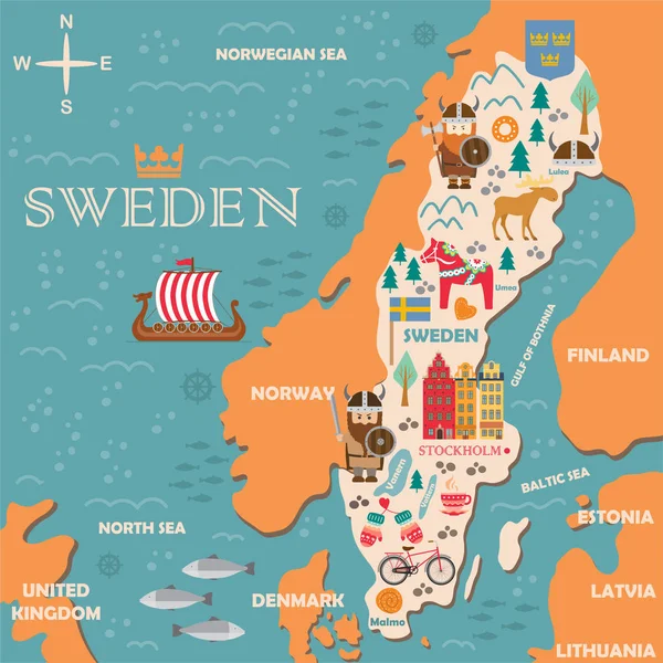 Ilustração Desenhada Mão Suécia Símbolos Mapa Com Atrações Turísticas Conceito —  Vetores de Stock