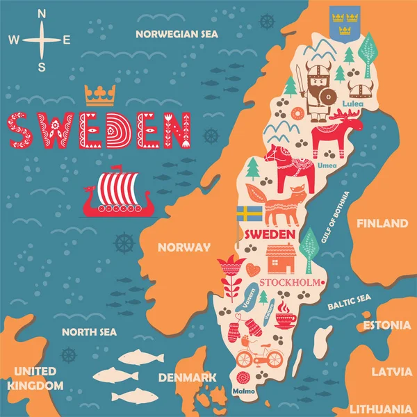 Hand Dras Illustration Sverige Symboler Karta Med Turistattraktioner Resor Konceptet — Stock vektor