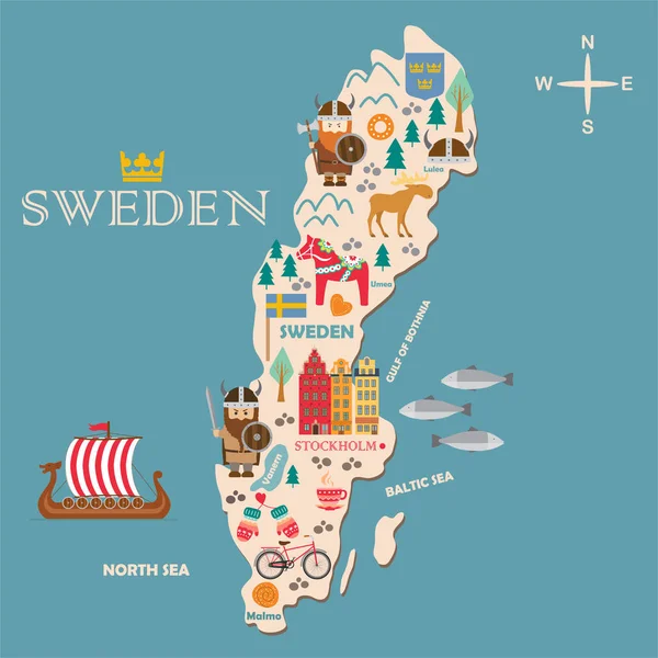 Illustration Dessinée Main Des Symboles Suède Carte Avec Attractions Touristiques — Image vectorielle