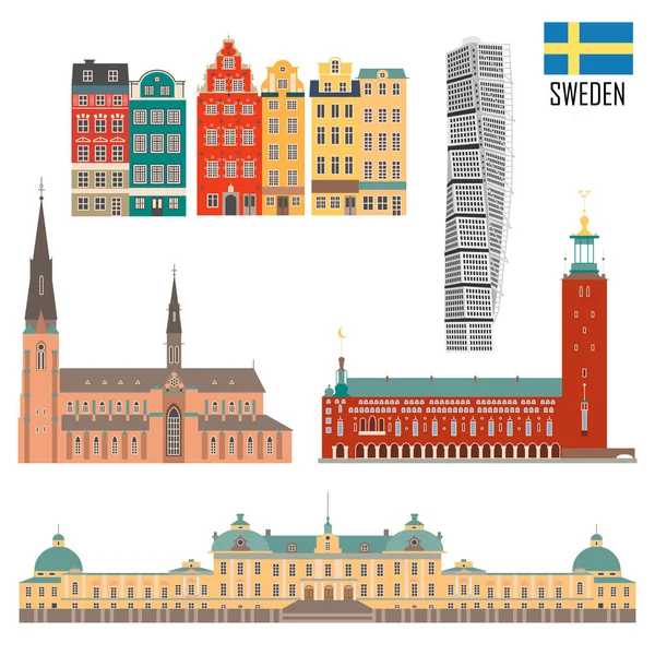 Svenska Uppsättning Landmark Ikoner Platt Stil Resa Sightseeing Samling Vektorillustration — Stock vektor