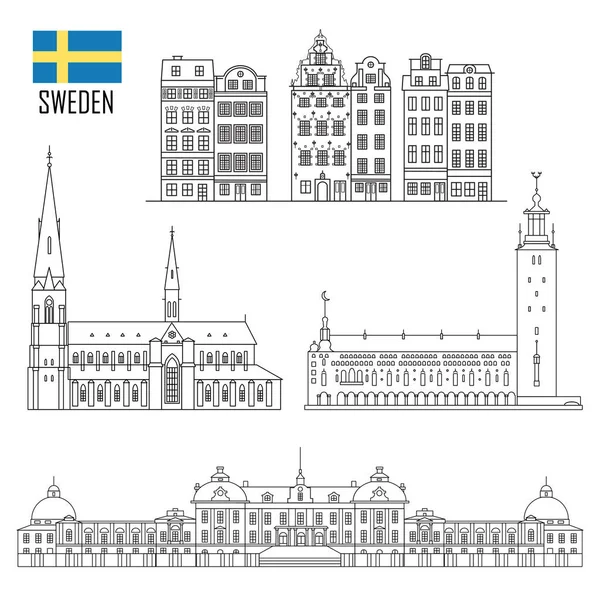 Svenska Uppsättning Landmark Ikoner Platt Stil Resa Sightseeing Samling Vektorillustration — Stock vektor