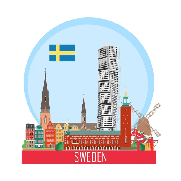 全国の観光スポットを持つスウェーデンの背景 旅行代理店のアイコン ベクトル図 — ストックベクタ