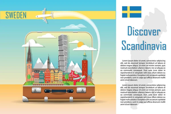 Cestovní Pozadí Kufr Památky Švédska Web Reklamní Banner Infografika Zavazadla — Stockový vektor
