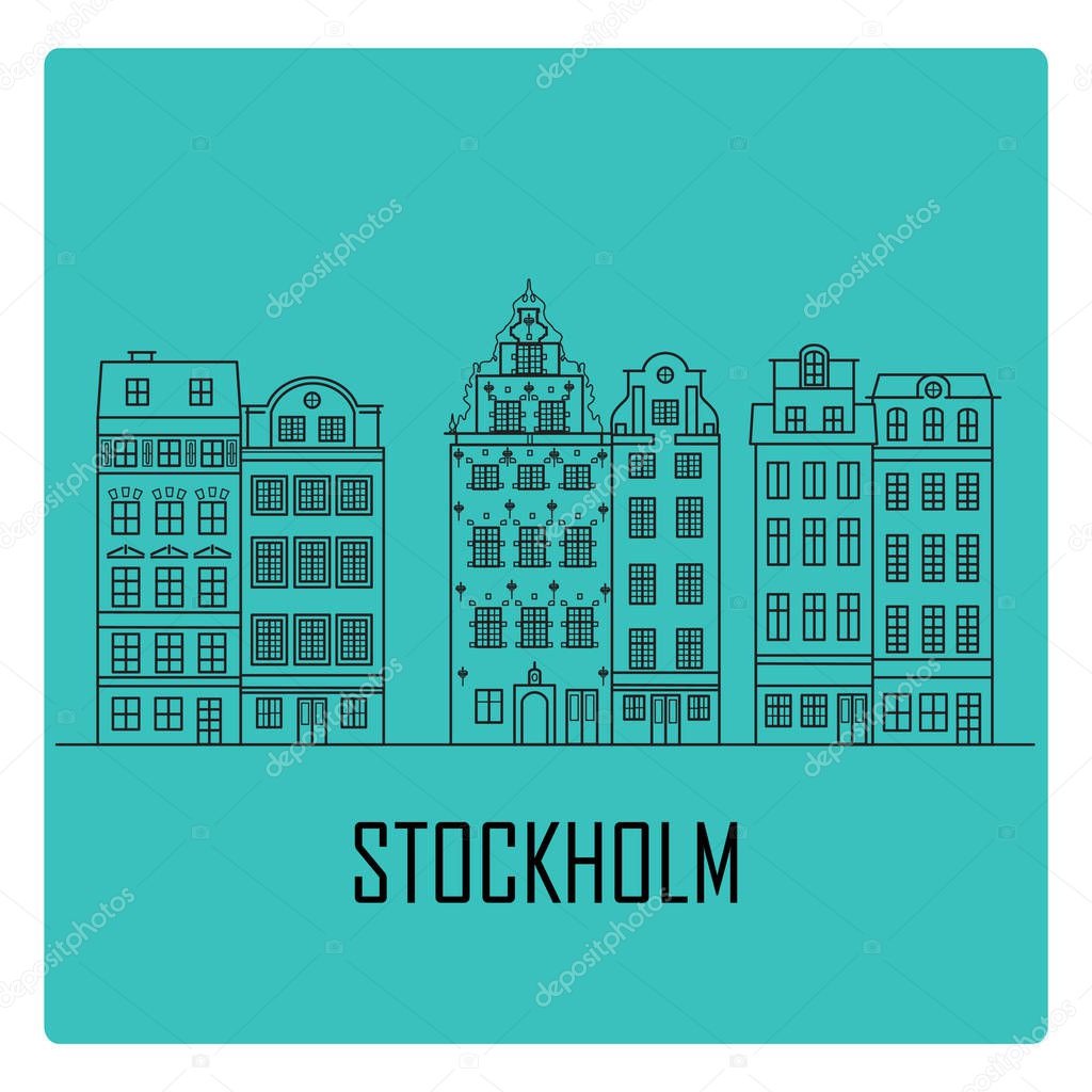 Old Town of Stockholm, Sweden. Travel landmark icon. Scandinavian houses is one of the famous architectural tourist attractions.Outline design. Vector illustration