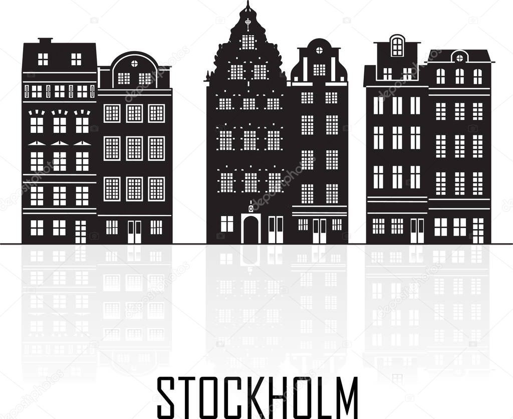 Old Town of Stockholm, Sweden. Travel landmark black icon. Scandinavian houses is one of the famous architectural tourist attractions. Vector illustration