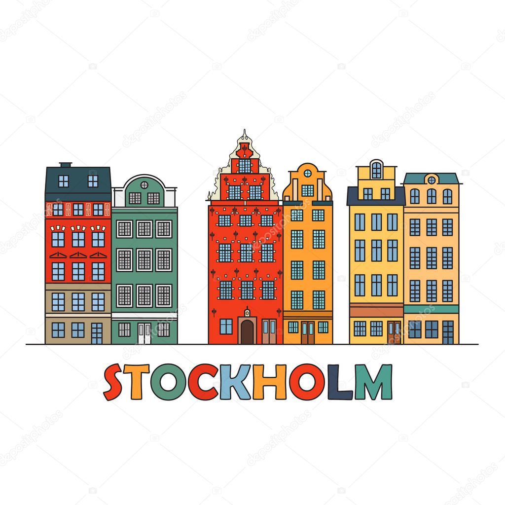 Old Town of Stockholm, Sweden. Travel landmark color icon with text. Scandinavian houses is one of the famous architectural tourist attractions. Vector illustration