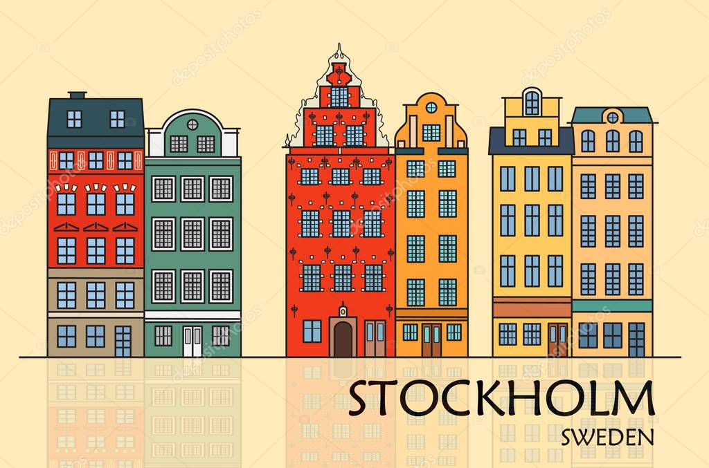 Old Town of Stockholm, Sweden. Travel landmark color icon with text. Scandinavian houses is one of the famous architectural tourist attractions. Vector illustration