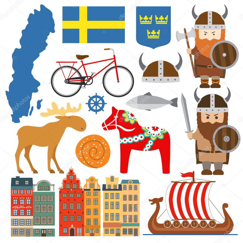 Set with design elements of symbols of Sweden and map. Vector illustration