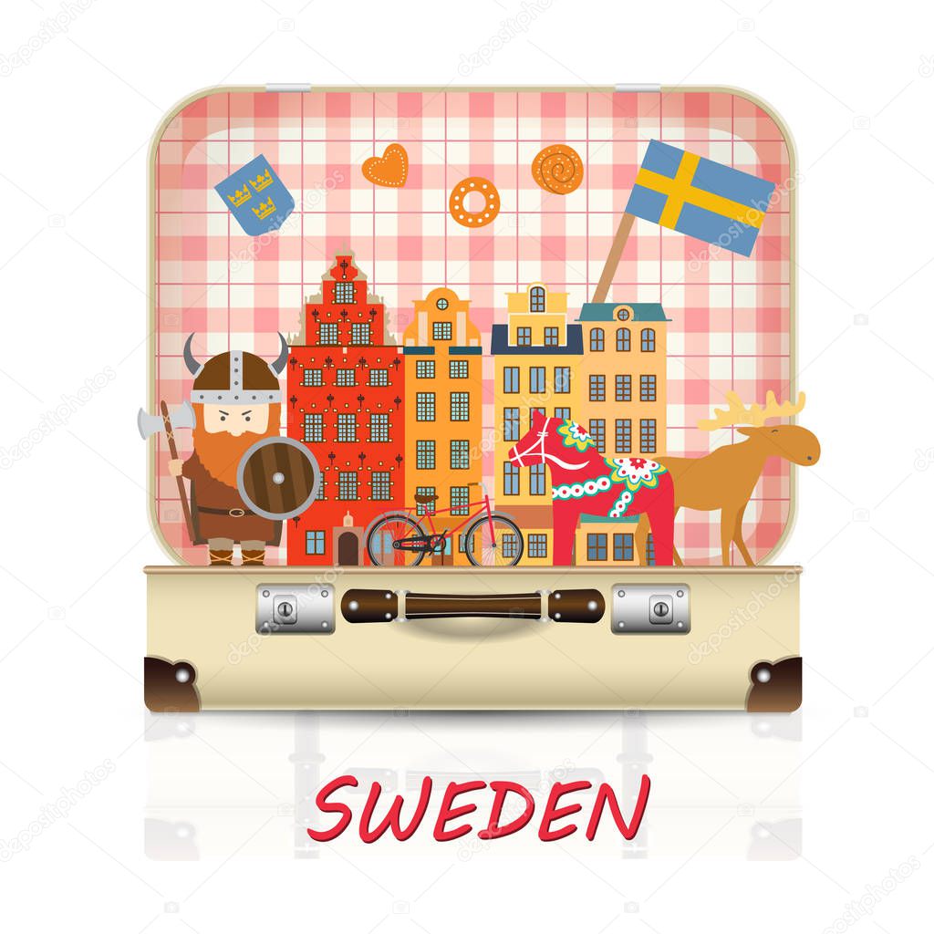 Sweden Landmark Global Travel And Journey Infographic luggage with symbols. Vector/illustration. 