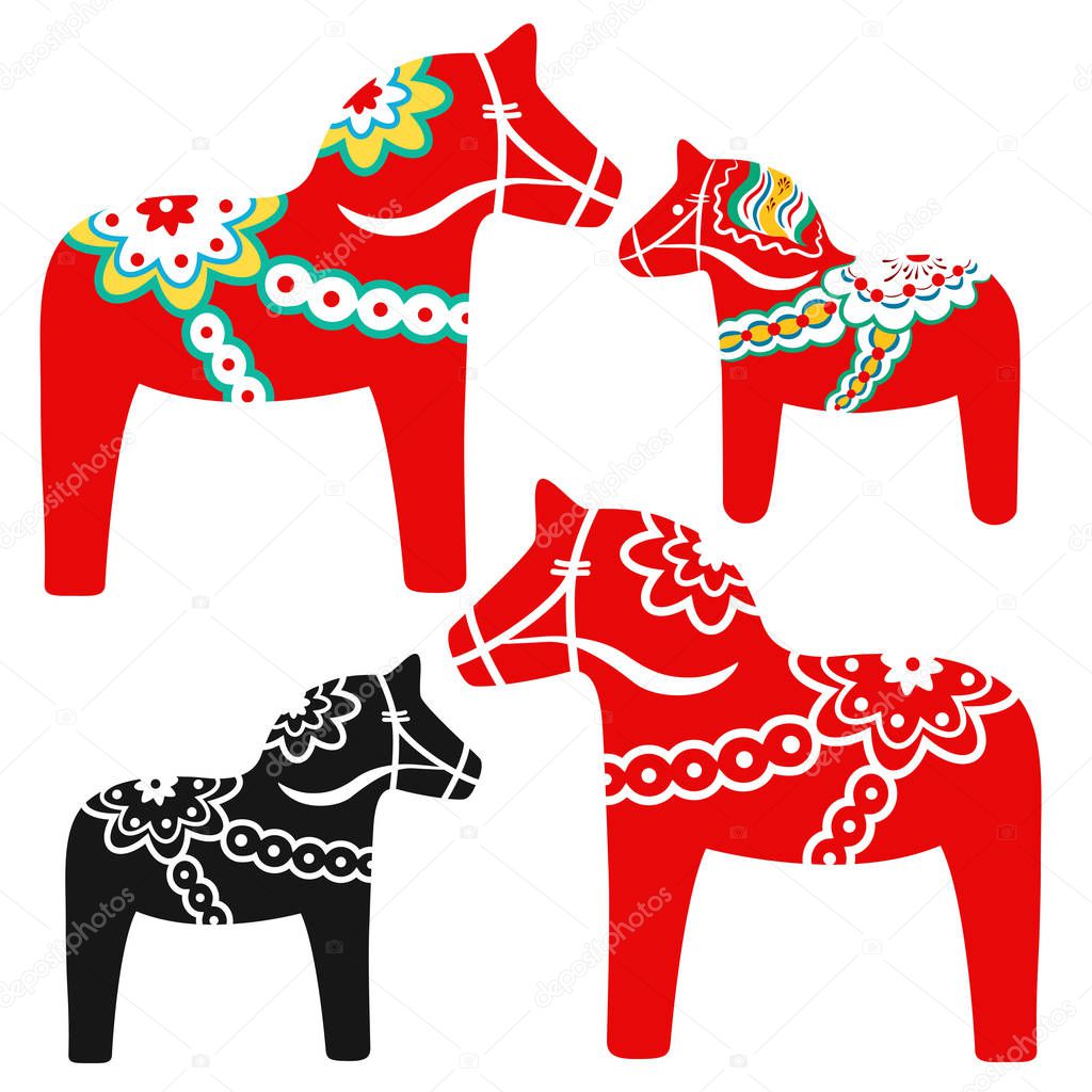 Set of red dala horses - national symbol of Sweden from Dalarna. Vector illustration