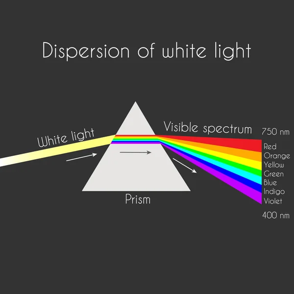 三角形のプリズムは 虹のスペクトル色に白い光線を分割します 光線は電磁波として掲載されています 物理学の分散 分散プリズム — ストックベクタ