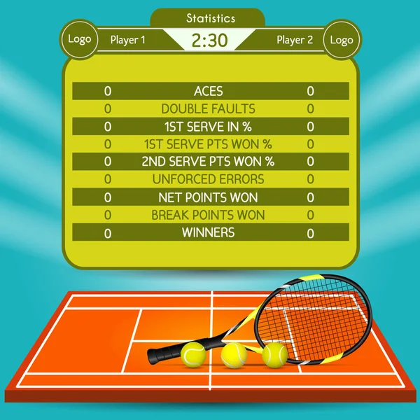 Tennis Spielstatistik Tennisball Schläger Und Tennisplatz Vektorillustration — Stockvektor