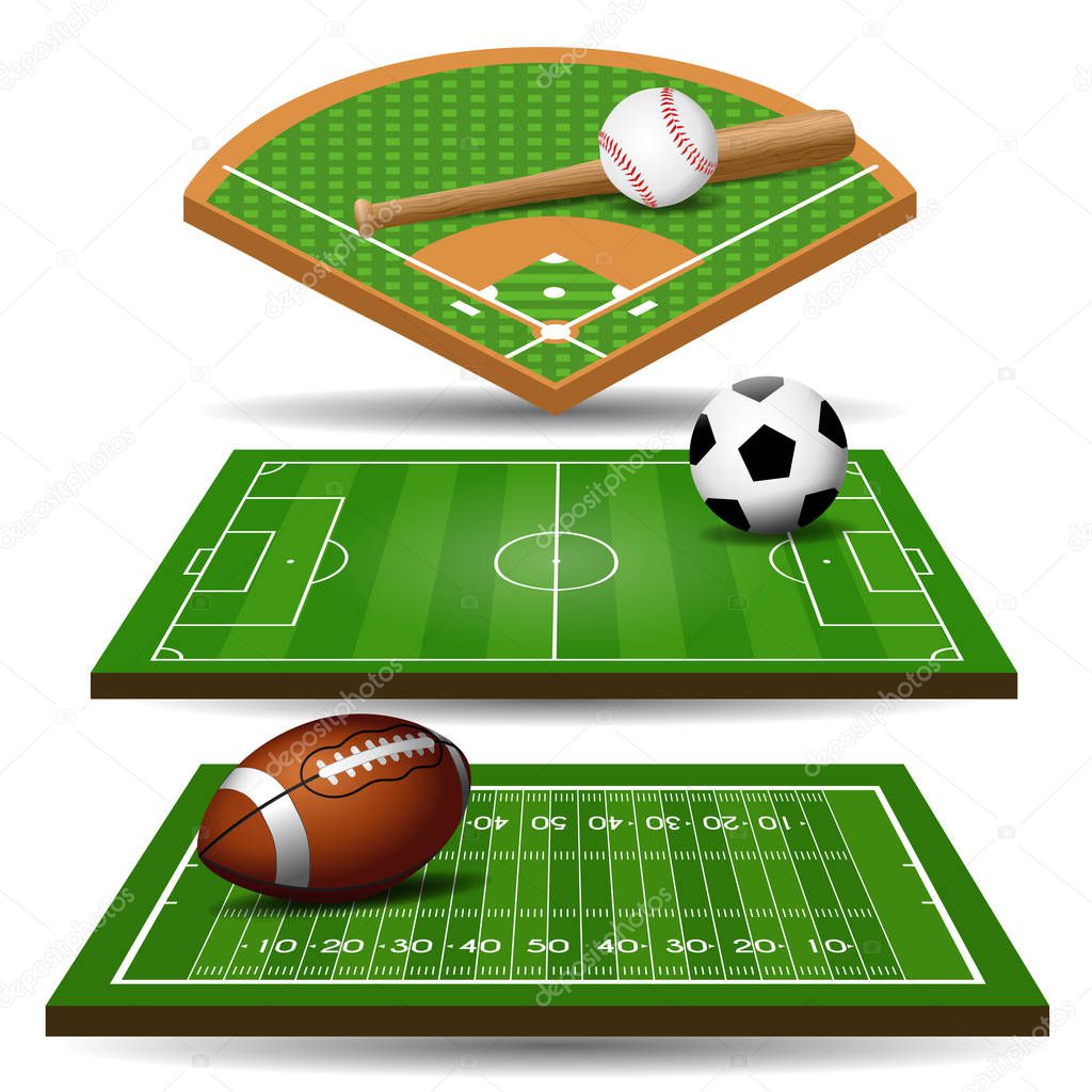 Sport field, ball and design elements. Football, rugby, baseball. Vector illustration