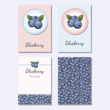 Dört resim kümesi. Yaban mersini arka plan. Çiçek ve yaprakları bir broşür veya el ilanı ile yaban mersini. Yazı