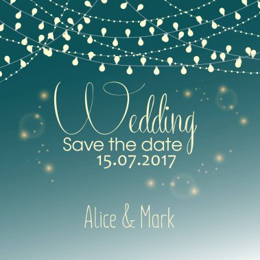 Holiday Lights ile düğün davetiye kartı. Vektör çizim