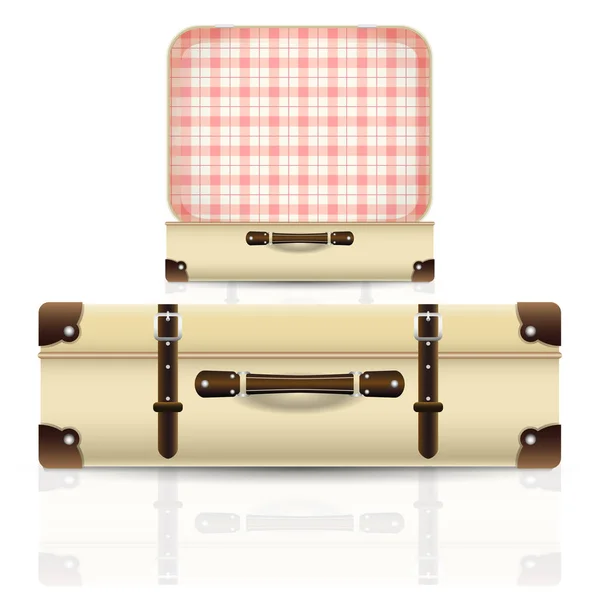 Maleta Vintage Retro Abierta Cerrada Conjunto Iconos Realistas Bolsa Viaje — Vector de stock