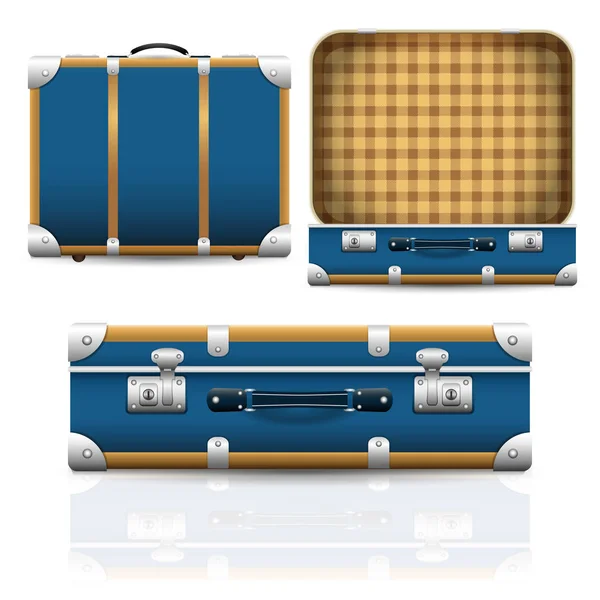 オープンとクローズ古いレトロなヴィンテージ スーツケース の旅行バッグのリアルなアイコンのセットです ベクトル図 — ストックベクタ
