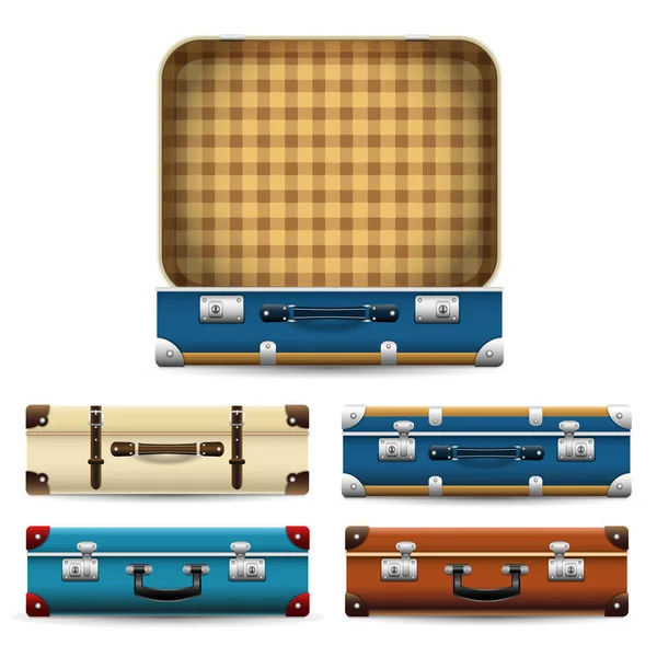 Set Maletas Vintage Retro Cerradas Abiertas Conjunto Iconos Realistas Bolsa — Vector de stock