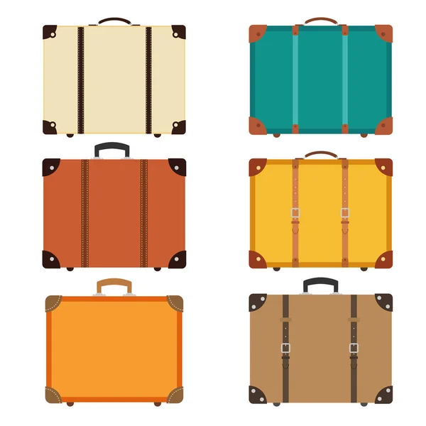 Maletas Retro Vintage Cerradas Conjunto Iconos Bolsa Viaje Plana Ilustración — Vector de stock