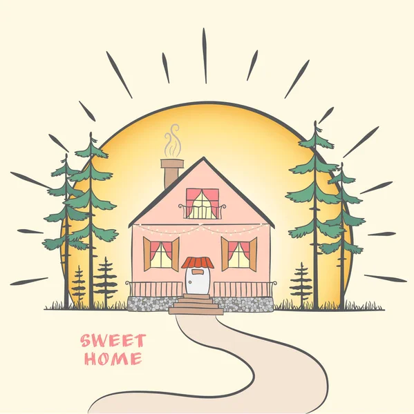 Kritzelskizze Mit Haus Morgengrauen Mit Bäumen Handgezeichnet Schriftzug Sweet Home — Stockvektor