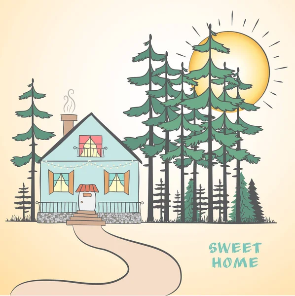 Kritzelskizze Mit Haus Und Bäumen Handgezeichnete Landschaft Schriftzug Sweet Home — Stockvektor