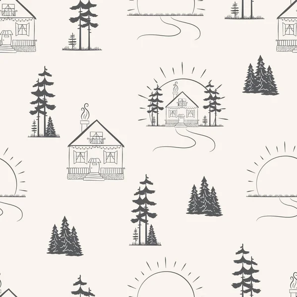 Patrón Sin Costuras Paisaje Con Pinos Casas Ilustración Vectorial — Archivo Imágenes Vectoriales