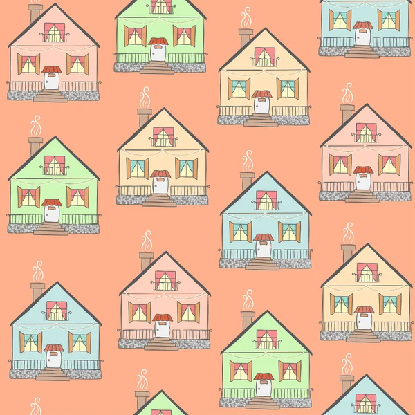 无缝的模式与涂鸦卡通房子 向量例证 — 图库矢量图片