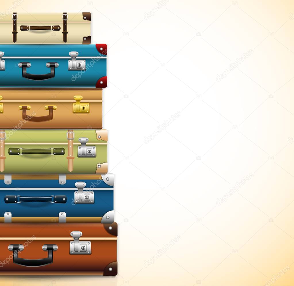 Background with closed old retro vintage suitcases. 3d realistic travel bag. Vector illustration