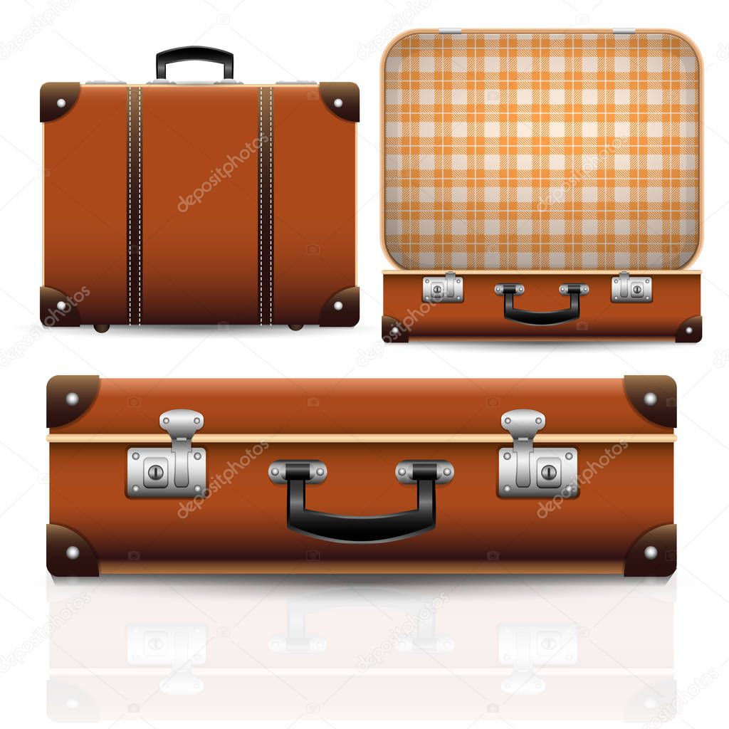 Open and closed old retro vintage suitcase. Set of 3d travel bag realistic icons. Vector illustration