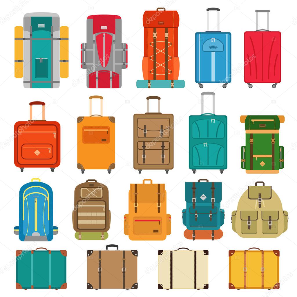 Set of suitcases and backpack icons in flat style. Tourist hiking backpacks with sleeping bags. Travel bags. Vector illustration.