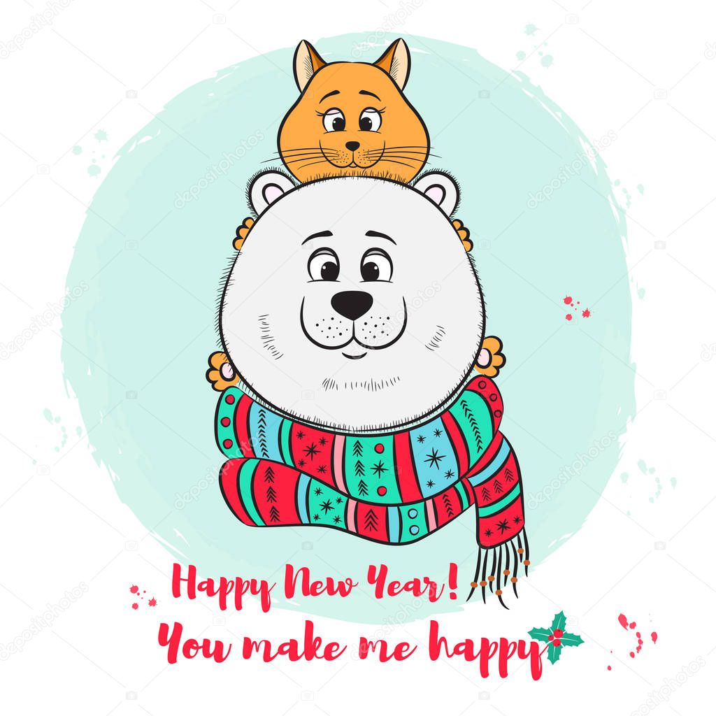 Merry Christmas, New Year greeting card with cute polar bear and cat. Vector illustration  