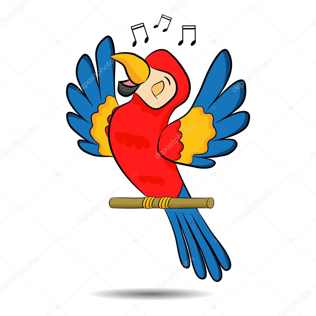 Cute cartoon three colored parrot sing song on a branch. Vector illustration