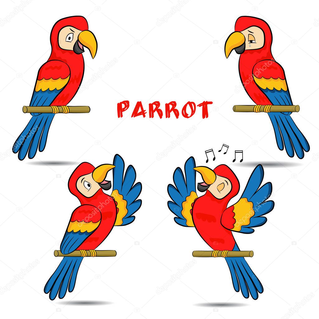 Set of cute cartoon three colored parrot on a branch. Vector illustration