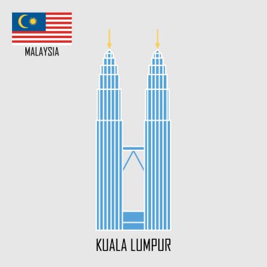 Malezya landmark. Kuala Lumpur ve Malezya bayrağı, kuleleri. Vektör çizim.