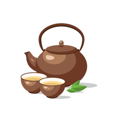 Japonca, Çince çay töreni küme. Seramik Çaydanlık ve bardak yeşil çay izole kase. Vektör çizim.