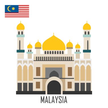 Brunei, Malezya dönüm noktası. Ulu Camii ve Malezya bayrağı. Vektör çizim. 