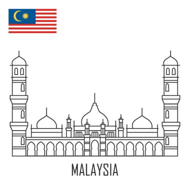 Malezya landmark. Masjid Jamek Camii, Kuala Lumpur. Düz anahat stili tarihi görüş showplace cazibe. Dünya ülkeleri gezi seyahat. Vektör çizim 